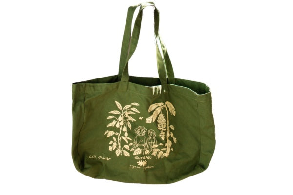 A green Aurapel tote bag